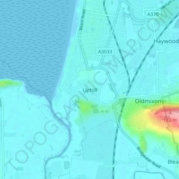 Mapa topográfico Uphill, altitud, relieve