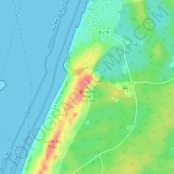 Mapa topográfico Dune du Pilat, altitud, relieve