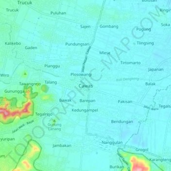 Mapa topográfico Cawas, altitud, relieve