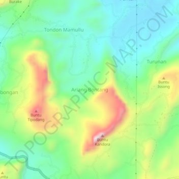 Mapa topográfico Ariang Bontang, altitud, relieve