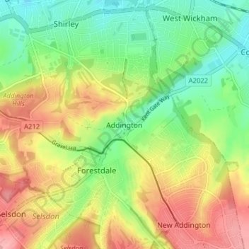 Mapa topográfico Addington, altitud, relieve