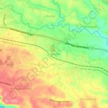 Mapa topográfico Dewasari, altitud, relieve