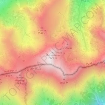 Mapa topográfico Malyovitsa, altitud, relieve