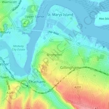 Mapa topográfico Brompton, altitud, relieve