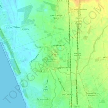 Mapa topográfico Paestum, altitud, relieve