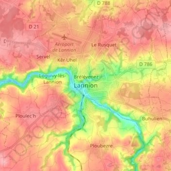 Mapa topográfico Lannion, altitud, relieve