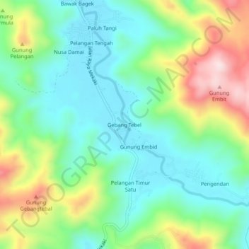 Mapa topográfico Gebang Tebel, altitud, relieve