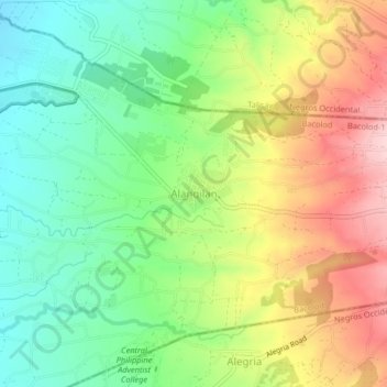 Mapa topográfico Alangilan, altitud, relieve