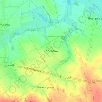 Mapa topográfico Konradów, altitud, relieve