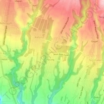 Mapa topográfico Keliki, altitud, relieve