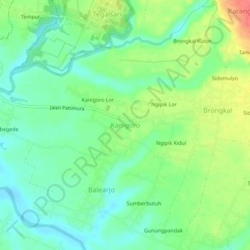 Mapa topográfico Kanigoro, altitud, relieve