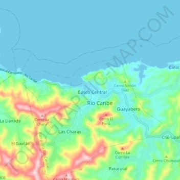 Mapa topográfico Rio Caribe, altitud, relieve