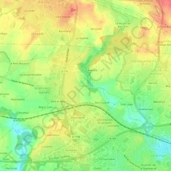 Mapa topográfico Tréhuinec, altitud, relieve