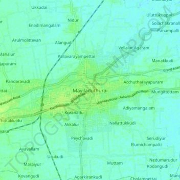Mapa topográfico Mayiladuthurai, altitud, relieve