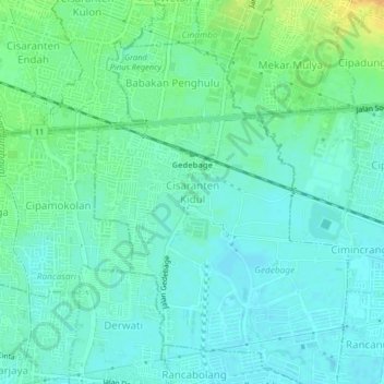 Mapa topográfico Cisaranten Kidul, altitud, relieve