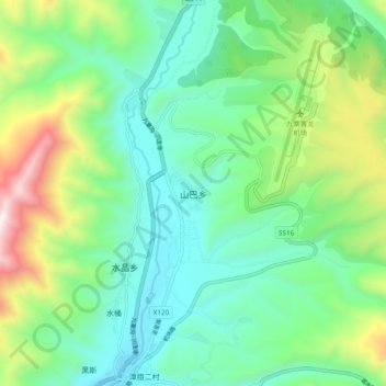 Mapa topográfico Shanba, altitud, relieve