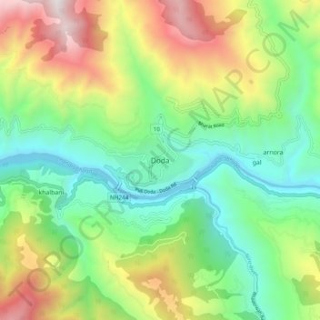 Mapa topográfico Doda, altitud, relieve