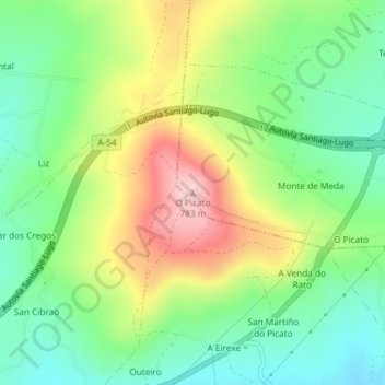 Mapa topográfico O Picato, altitud, relieve