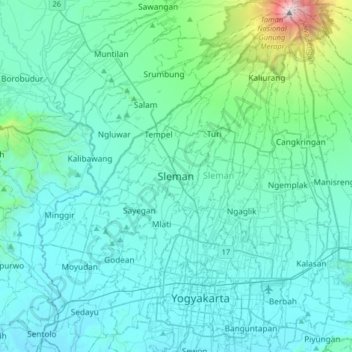 Mapa topográfico Sleman, altitud, relieve