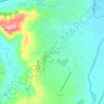 Mapa topográfico Bouhamdoune, altitud, relieve