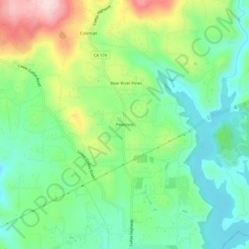 Mapa topográfico Pinecrest, altitud, relieve