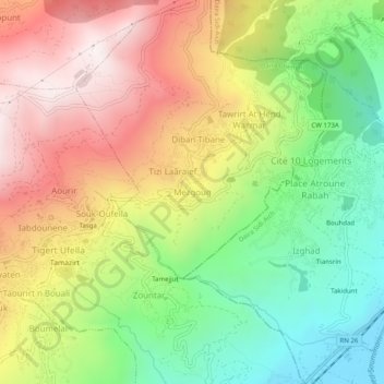 Mapa topográfico Mezgoug, altitud, relieve