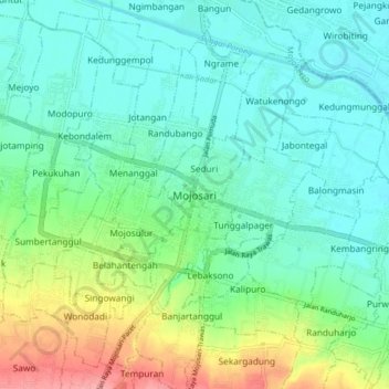 Mapa topográfico Mojosari, altitud, relieve