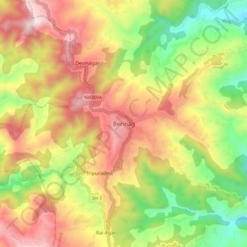 Mapa topográfico Berināg, altitud, relieve