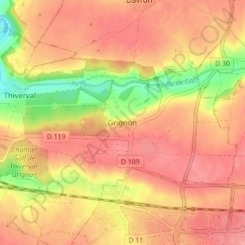Mapa topográfico Grignon, altitud, relieve