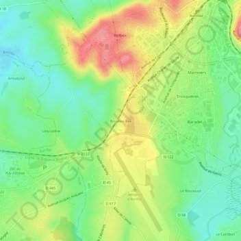 Mapa topográfico Boudieu Bas, altitud, relieve