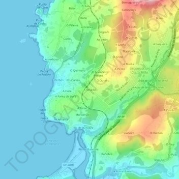 Mapa topográfico A Vesada, altitud, relieve