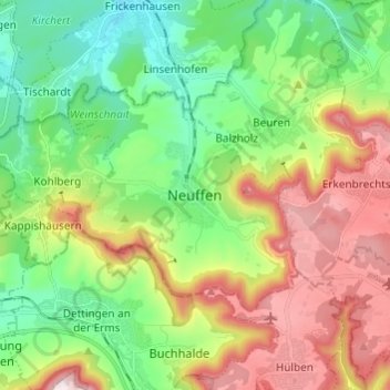 Mapa topográfico Neuffen, altitud, relieve