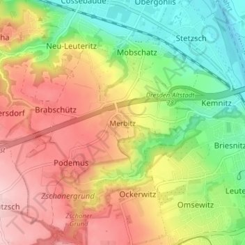 Mapa topográfico Merbitz, altitud, relieve