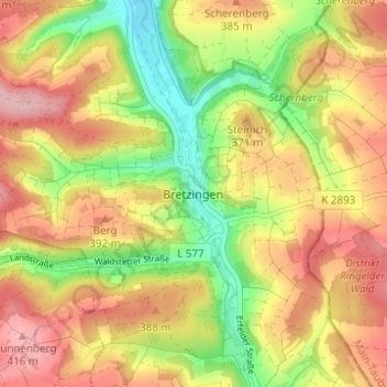 Mapa topográfico Bretzingen, altitud, relieve
