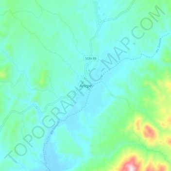 Mapa topográfico Arizpe, altitud, relieve