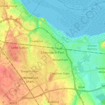 Mapa topográfico Ellesmere Port, altitud, relieve