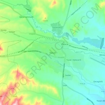 Mapa topográfico Fuzuli, altitud, relieve