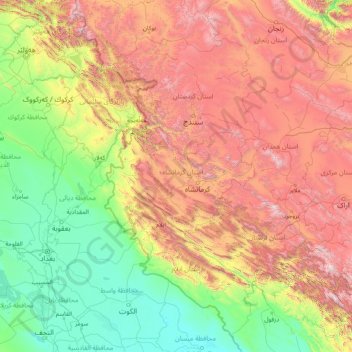 Mapa topográfico Kermanshah, altitud, relieve