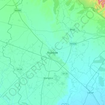 Mapa topográfico Roorkee, altitud, relieve