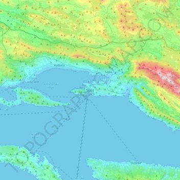 Mapa topográfico Split, altitud, relieve