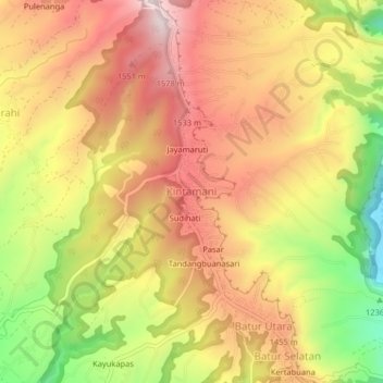 Mapa topográfico Kintamani, altitud, relieve
