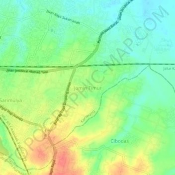 Mapa topográfico Jomin Timur, altitud, relieve