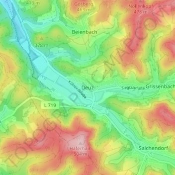 Mapa topográfico Deuz, altitud, relieve