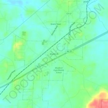 Mapa topográfico Munford, altitud, relieve