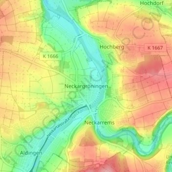 Mapa topográfico Neckargröningen, altitud, relieve