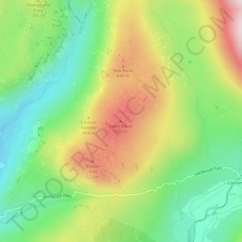 Mapa topográfico Hard Knott, altitud, relieve