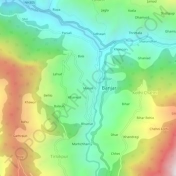 Mapa topográfico Manali, altitud, relieve