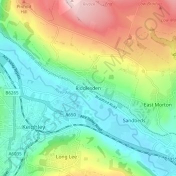 Mapa topográfico Riddlesden, altitud, relieve