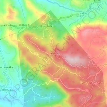 Mapa topográfico Vattappara, altitud, relieve