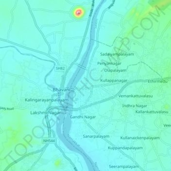 Mapa topográfico Komarapalayam, altitud, relieve